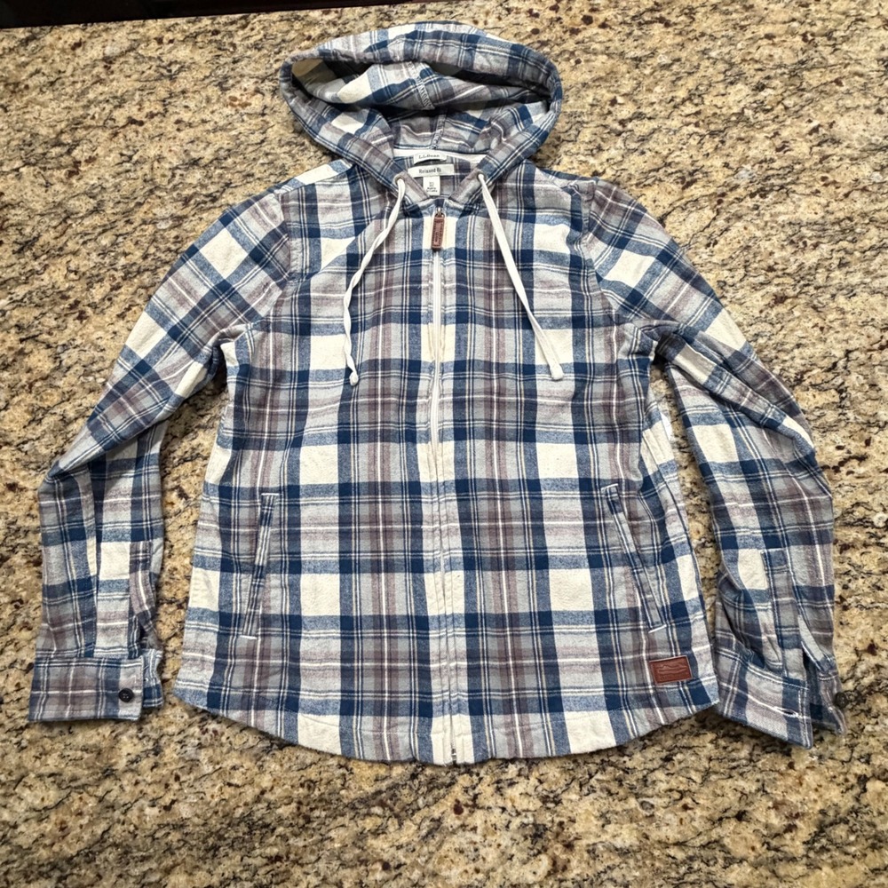 LL Bean Womens XS Relaxed Fit Full Zip Plaid Flannel Hoodie Shirt Jacket Blue
